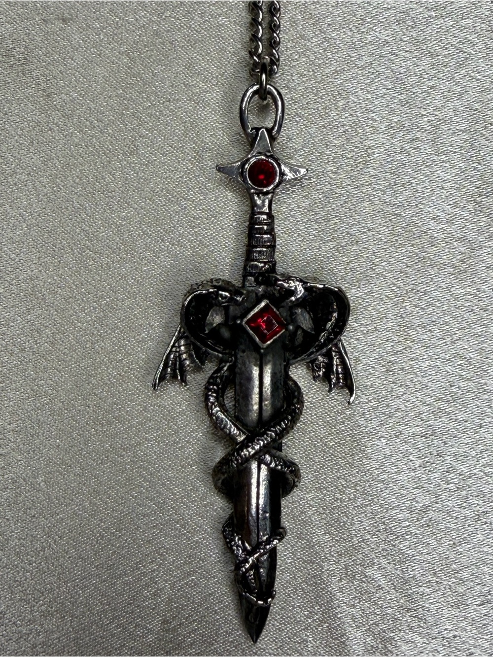 JPI Gothic Sword and Serpent Pendant Necklace with Red Stones Y2K Goth Grunge